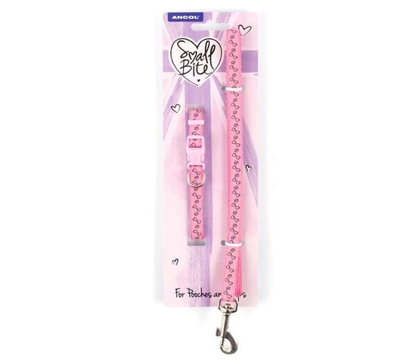 Sml Bite Paw & Bone Puppy Collar & Lead Pink