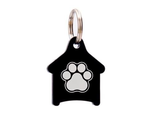 ID Tag Dog House Paw Black Small Plastic